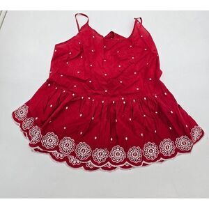 Red Arizona Sleeveless Embroidered Peplum Baby Doll Top With Tie Back